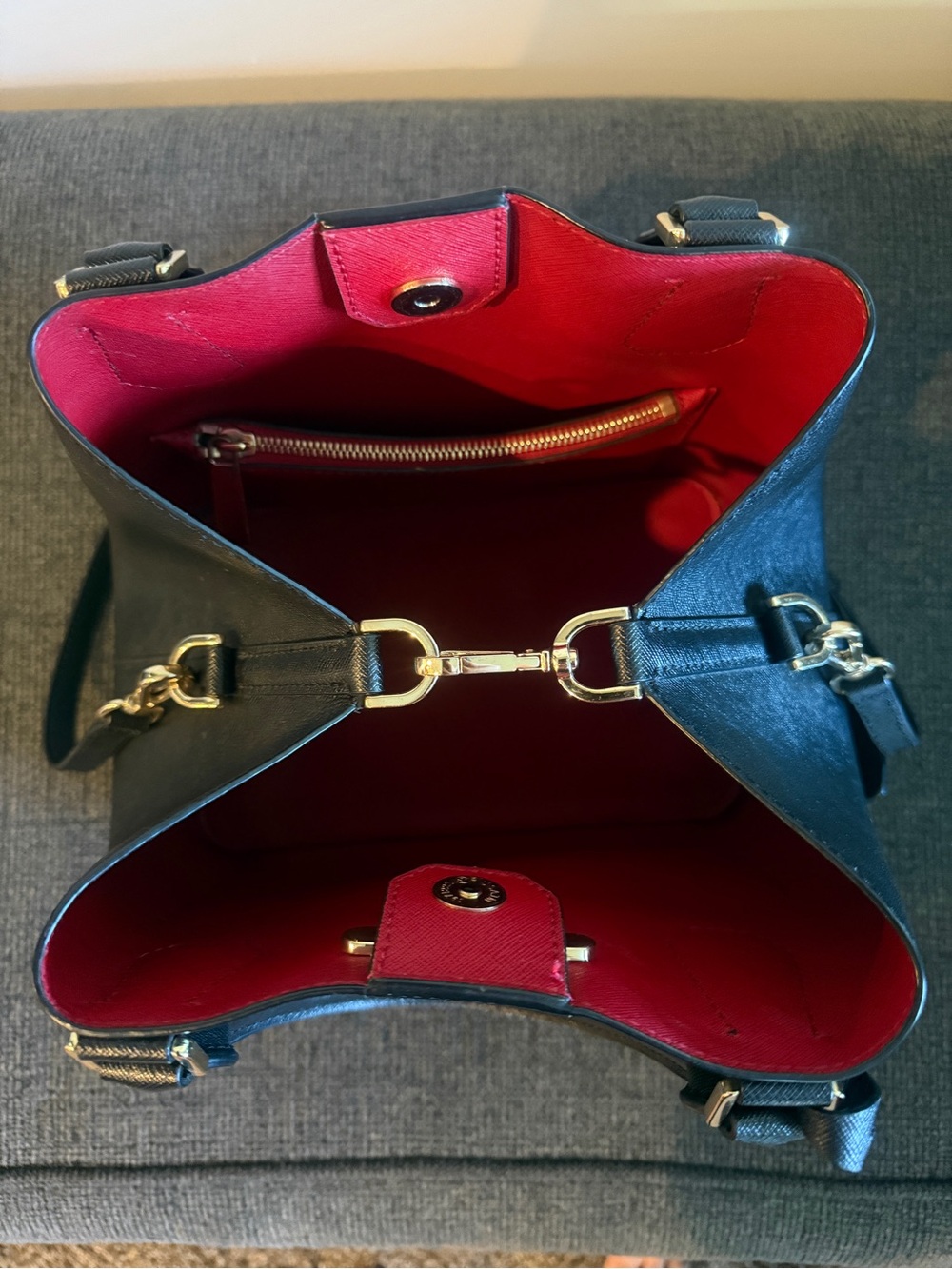 Michael Kors Black Leather Tote with Red Interior and Gold Hardware - Picture 4 of 13